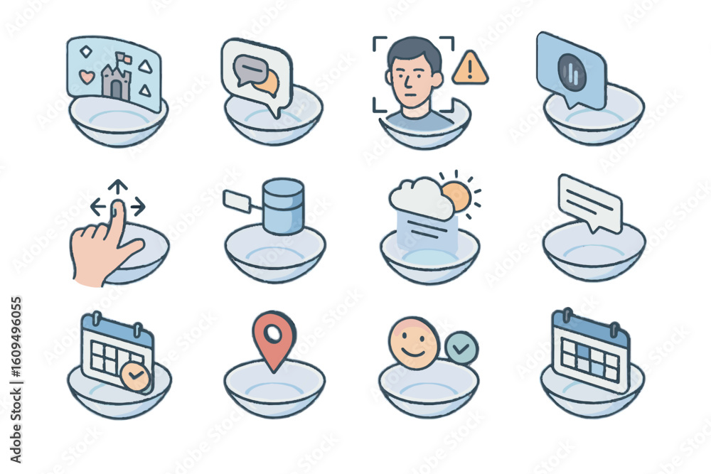 Poster icon set: social networking, messaging, and location interface elements