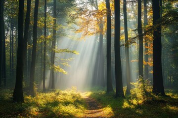 Obraz premium Pathway through an autumn forest that leads to the mountain's peak