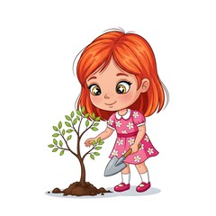 A young girl with red hair tenderly plants a small tree sapling.