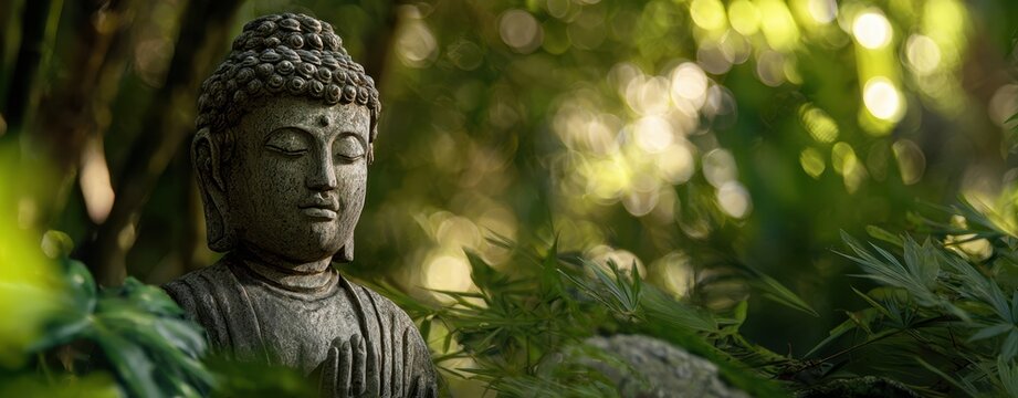 The serene Buddha statue surrounded by lush green foliage and soft light.