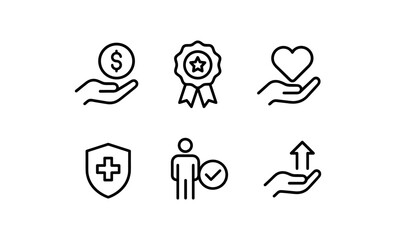 Fototapeta premium Minimalist icon set: money, award, heart, shield, people, growth
