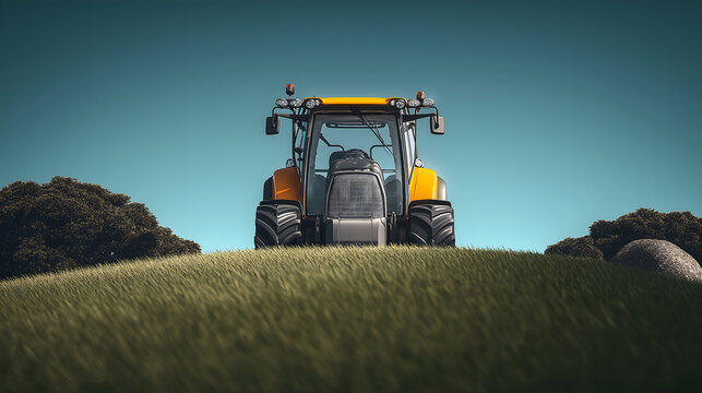 Modern tractor in green field under blue sky – ultra realistic