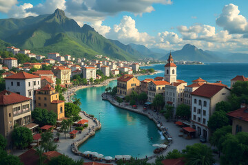 Obraz premium Coastal Town View with Turquoise Water and Mountain Backdrop