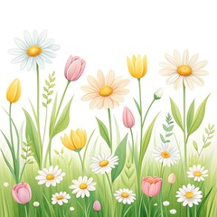A vibrant meadow filled with blooming tulips and daisies