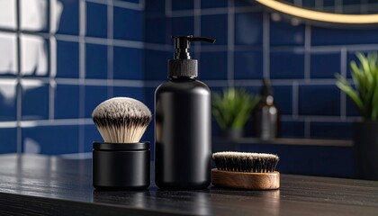 A masculine grooming corner featuring a charcoal-black pump bottle, a traditional shaving brush, and a beard brush on a dark wood counter
