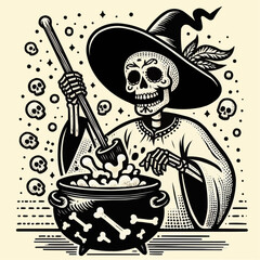 Fototapeta premium Skull-themed illustration of a skeleton witch stirring a cauldron for the Day of the Dead celebration