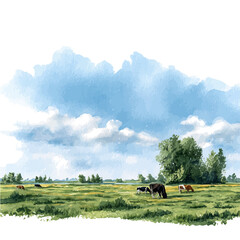 Grazing Field in watercolor style, vector illustration, isolated on white background.