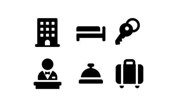 Hotel and hospitality icon set: simple black silhouette designs for travel and accommodation