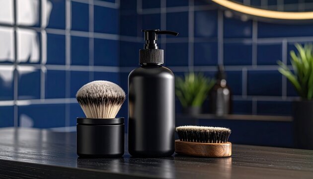 A masculine grooming corner featuring a charcoal-black pump bottle, a traditional shaving brush, and a beard brush on a dark wood counter - Powered by Adobe