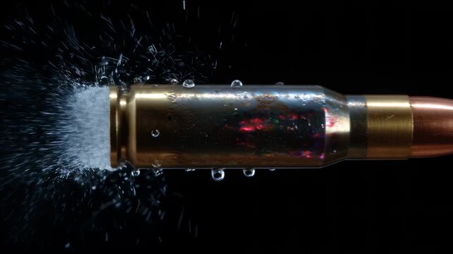 Metal bullet with brass casing and copper tip passing through water with splashes and drops on black background