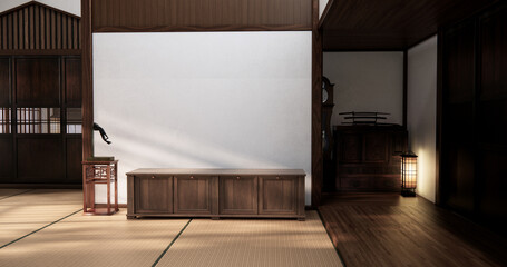 mock up cabinet and plants decoration on living room minimal japan style.3D rendering