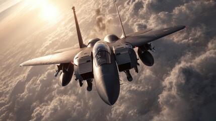 F 15 Eagle Fighter Jet Soaring Above Dramatic Cloudscape at Sunset A powerful military aircraft in flight