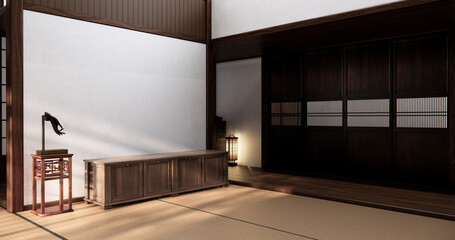 mock up cabinet and plants decoration on living room minimal japan style.3D rendering