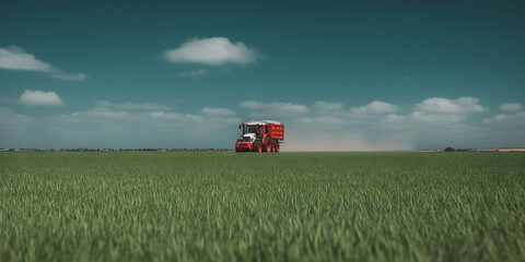 Fototapeta premium Red Tractor with Trailer Driving Through Green Field on Summer Day