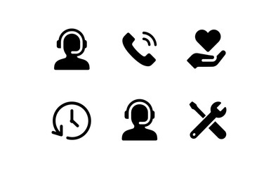 Customer service icons set: communication, support, and tools in black silhouette