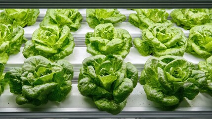 Obraz premium Fresh Green Lettuce Growing in Hydroponic System Close Up View of Healthy Organic Vegetables in Modern Greenhouse