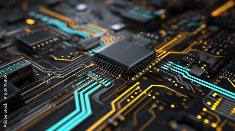Poster high tech circuit board close up detailed view of microchip technology and electronic components