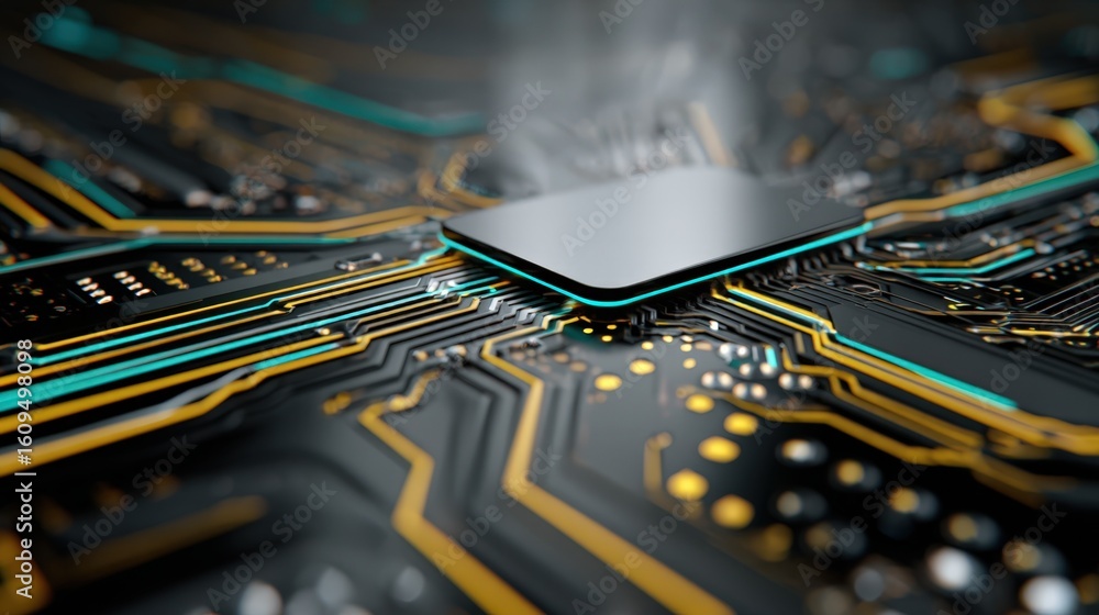 Poster high tech circuit board close up detailed image of a modern microchip with glowing traces and connec