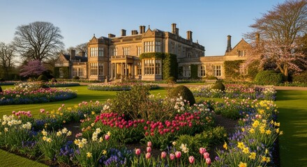Obraz premium Majestic Manor House and Spring Garden - A stunning manor house with expansive gardens ablaze with colorful spring blooms. Perfect for luxury travel, real estate, or hospitality marketing