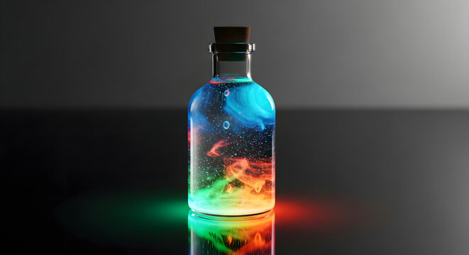 A vibrant, colorful elixir contained in a vintage bottle, radiating a mesmerizing glow and