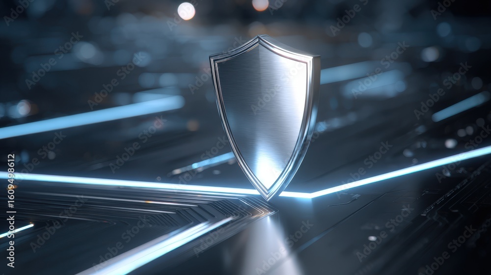 Poster futuristic metal shield icon on a high tech digital background representing cybersecurity and data p
