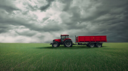 Fototapeta premium Tractor in Crop Field under Moody Clouds and Diffused Light