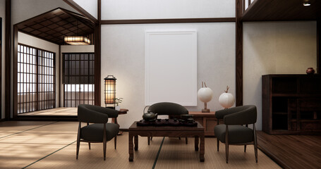 arm chair and decoration japanese on Modern room interior wabisabi style.3D rendering