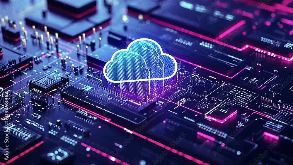 Aufkleber futuristic cloud computing concept with vibrant neon circuitry and digital connections in the backgr