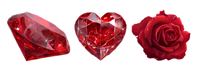 3 red crystal heart and rose icons, isolated on a transparent background.