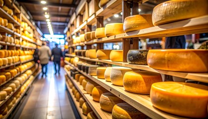 Cheese shop interior with rows of aged cheese wheels