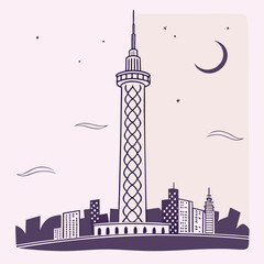  City Night Skyline with Tower and Moon Vector