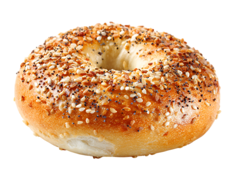 Fresh baked everything bagel with sesame seeds ready for breakfast isolated on white background 