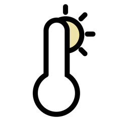 This image features a minimalistic icon design depicting a thermometer with a sun, suggesting high temperature or summer heat.