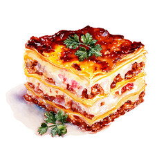 Lasagna, watercolor painting, vector illustration, isolated on a white background.