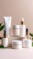 Layered skincare jars and tools arranged top to bottom