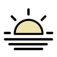 A simple icon represents a sunset over the ocean or water, with a yellow sun and black waves.
