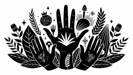 Mystical hands surrounded by nature and celestial elements