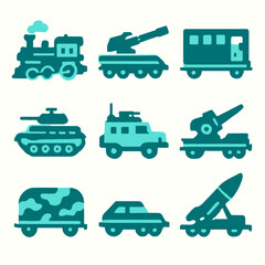 Collection of Military Vehicles and Equipment in Blue Silhouette Style