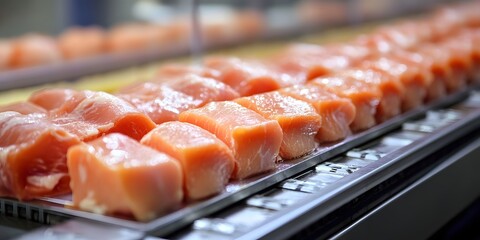 Poultry fillets being processed at a large facility.