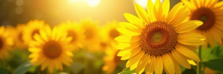 Close-up, sunlit sunflowers against bold yellow, photography, art, design