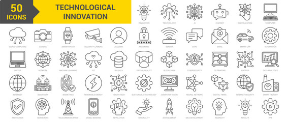 Technological Innovation icon collection set. Containing innovation, technology, AI, automation, IoT, sustainable technology, blockchain, smart factory, fintech, smart city icon. Simple line vector