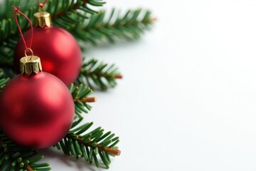Festive red & gold ornaments, pine branch, white backdrop, needles, season, festive