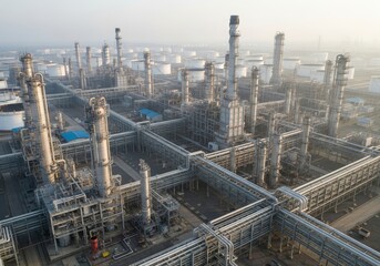 Industrial Refinery Complex: A Network of Pipes and Towers - Vast industrial refinery, intricate network of pipes, towering structures, energy production, technological advancement