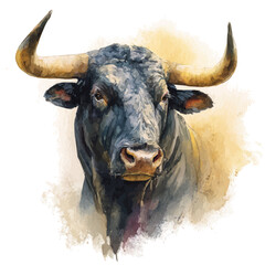 Bull, watercolor painting, vector illustration, isolated on a white background.
