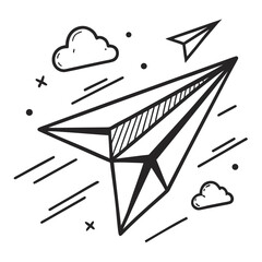 Doodle style paper airplane soaring through clouds and stars