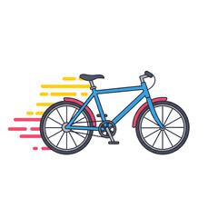flat-design vector illustration of a stylized bicycle, primarily outlined in blue with accents of yellow, pink, and grey