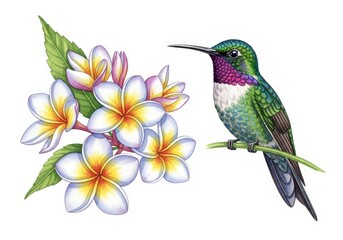 Fototapeta premium Hummingbird and Plumeria Blossoms - Vibrant illustration of a hummingbird perched on a branch next to a cluster of beautiful plumeria flowers