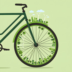  illustration of a bicycle, where its front wheel forms a circular 'eco-city' or 'green planet' adorned