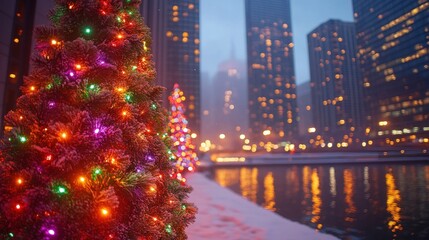 Fototapeta premium Festive Christmas trees adorned with colorful lights in a city at night, snow on the ground
