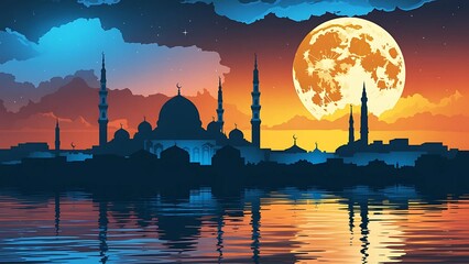 Stunning moonrise over Islamic architecture and water reflections creates a peaceful and serene atmosphere tonight